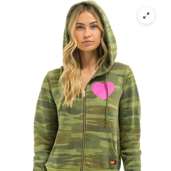 Aviator Nation Camouflage Hoodie with Neon Pink Heart - Picture 3 of 4